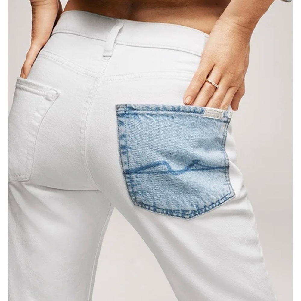 NWT 7 For All Mankind Low Straight Distressed White Jeans Blue Patch Pocket 27